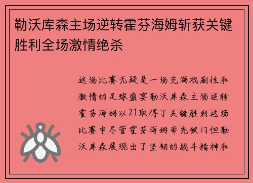 勒沃库森主场逆转霍芬海姆斩获关键胜利全场激情绝杀