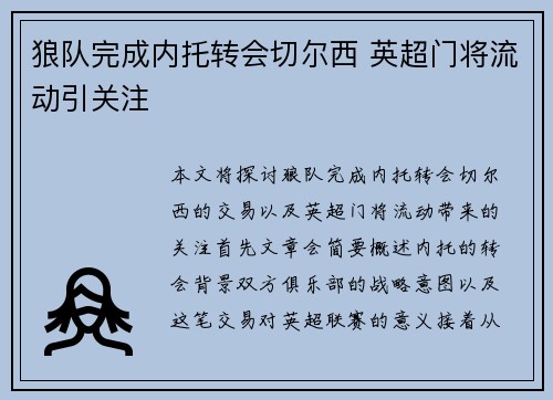 狼队完成内托转会切尔西 英超门将流动引关注